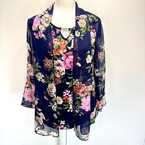 Navy Blue & Floral Top Attached Mesh Cardigan 3/4 Mesh Bell Sleeves Liz McCoy